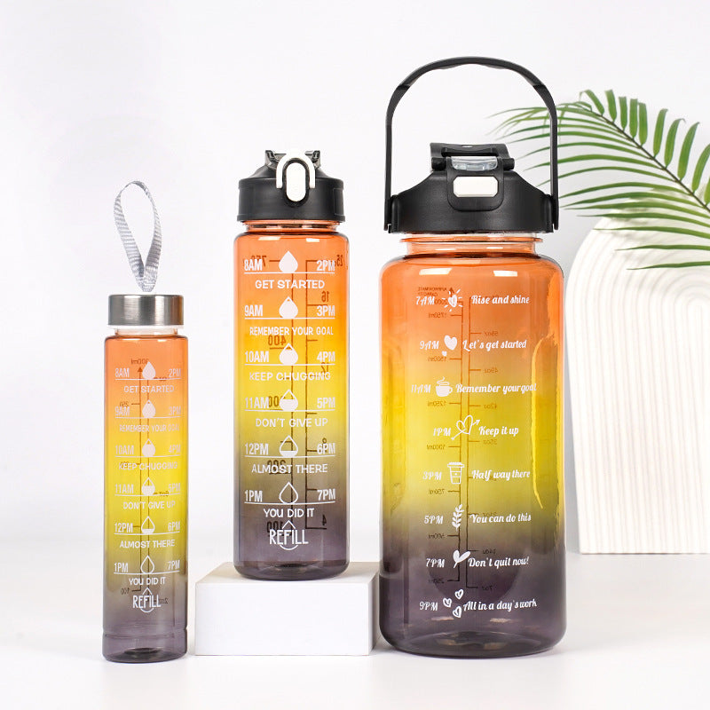 3-in-1 Gradient Color Motivational Water Bottles Set Plastic Straw Double Drink Translucent Outdoor Sports Bottle