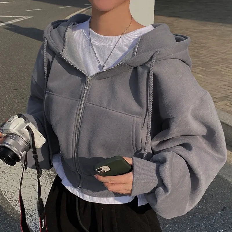 Casual Hood Sweatshirt Women Y2K Zip Up Hoodies Solid Harajuku Long