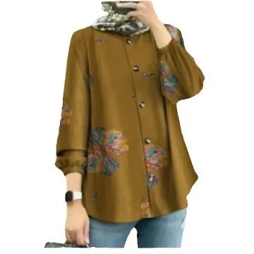 Eid Muslim Women Button Blouse Loose Printing Shirt Jalabiya Ramadan Morocco Dubai Abayas Kaftan Islam Arab Abaya Caftan