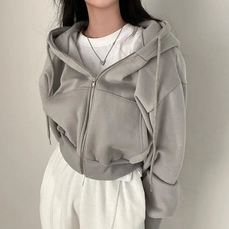 Casual Hood Sweatshirt Women Y2K Zip Up Hoodies Solid Harajuku Long