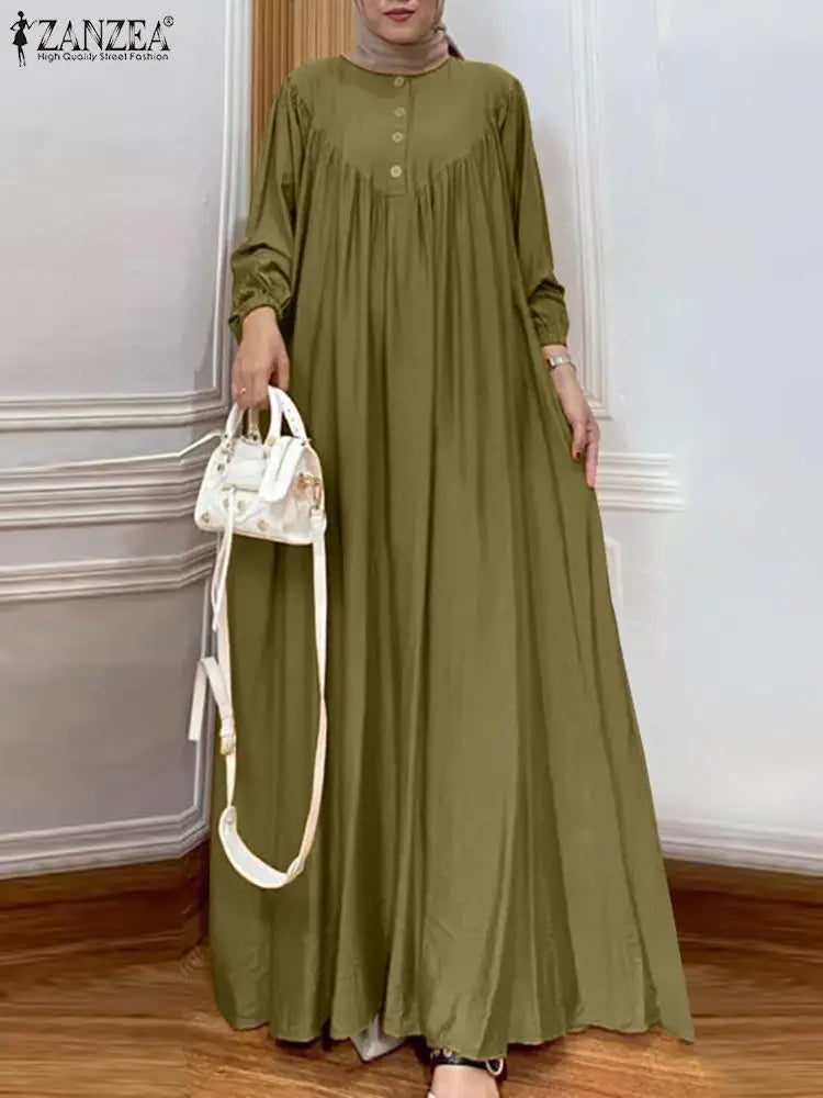 ZANZEA Vintage Solid Color Muslim Dress Woman Vintage Turkey Robe Long