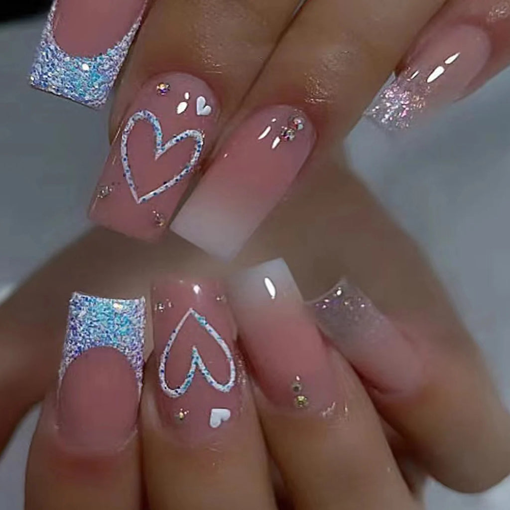 24 PCs Short French Gradient Love Nails with 1 Jelly Gel and 1 Nail