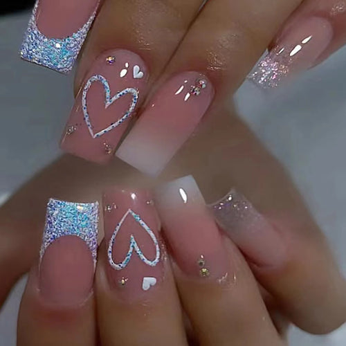 24 PCs Short French Gradient Love Nails with 1 Jelly Gel and 1 Nail
