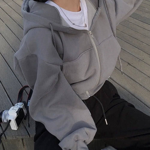 Casual Hood Sweatshirt Women Y2K Zip Up Hoodies Solid Harajuku Long