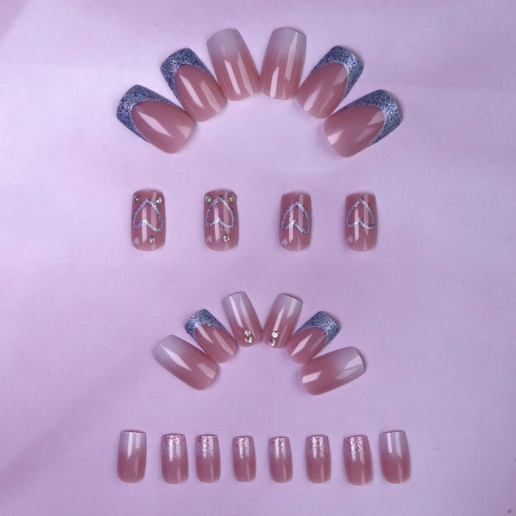 24 PCs Short French Gradient Love Nails with 1 Jelly Gel and 1 Nail