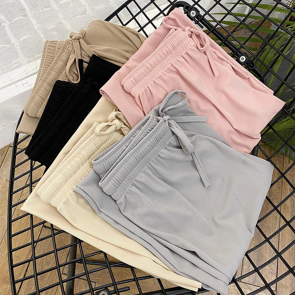 Women Ankle-Length Wide Leg Pants Casual Summer Solid Elastic Waist