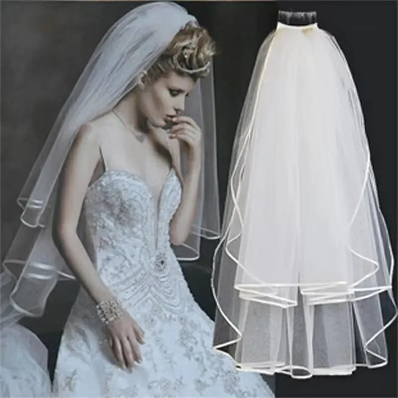 White  Ivory Wedding Veil 2 Tiers Ribbon Edge Center Cascade Bridal
