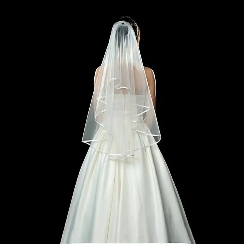 White  Ivory Wedding Veil 2 Tiers Ribbon Edge Center Cascade Bridal