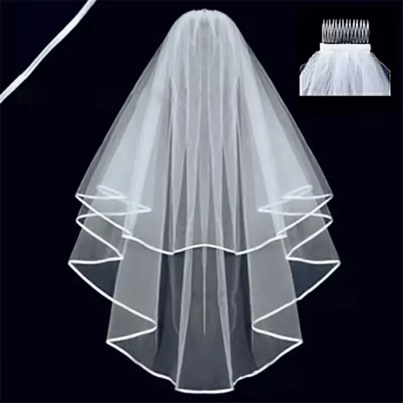 White  Ivory Wedding Veil 2 Tiers Ribbon Edge Center Cascade Bridal