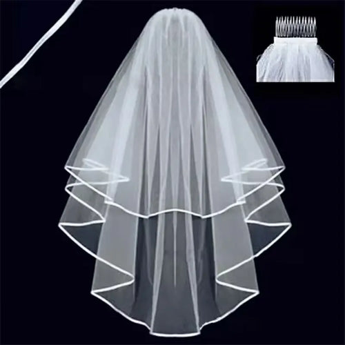 White  Ivory Wedding Veil 2 Tiers Ribbon Edge Center Cascade Bridal