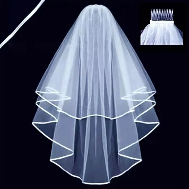 White  Ivory Wedding Veil 2 Tiers Ribbon Edge Center Cascade Bridal