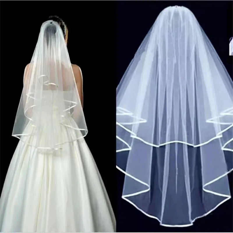 White  Ivory Wedding Veil 2 Tiers Ribbon Edge Center Cascade Bridal