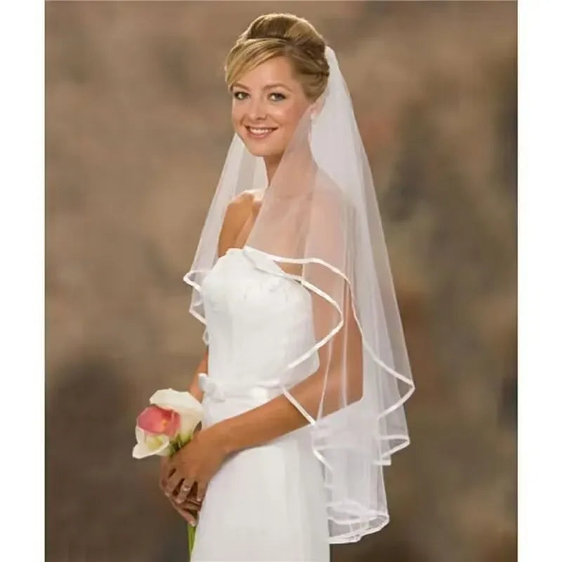 White  Ivory Wedding Veil 2 Tiers Ribbon Edge Center Cascade Bridal