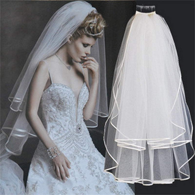 Short Simple Wedding Veil Tulle Two Layer With Comb White Ivory Bridal